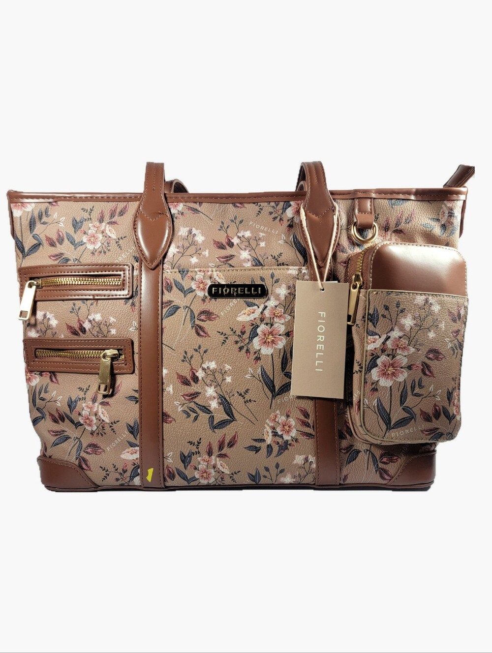 NWT Fiorelli Brown Floral Utility Tote Bag Detachable Pouch Gold Hardware